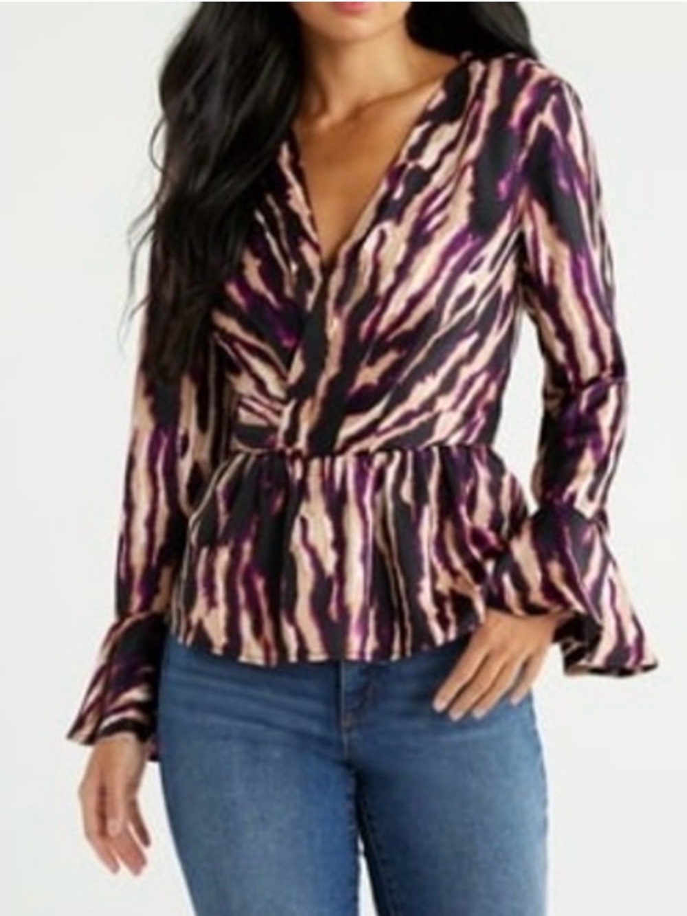 sofia by sofia vergara Purple, Black and Cream Abstract Peplum Blouse